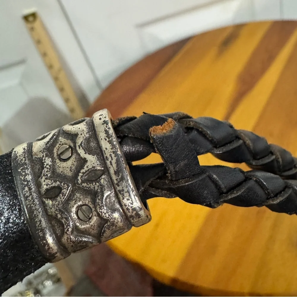 Fossil black braided leather‎ silver tone buckle belt